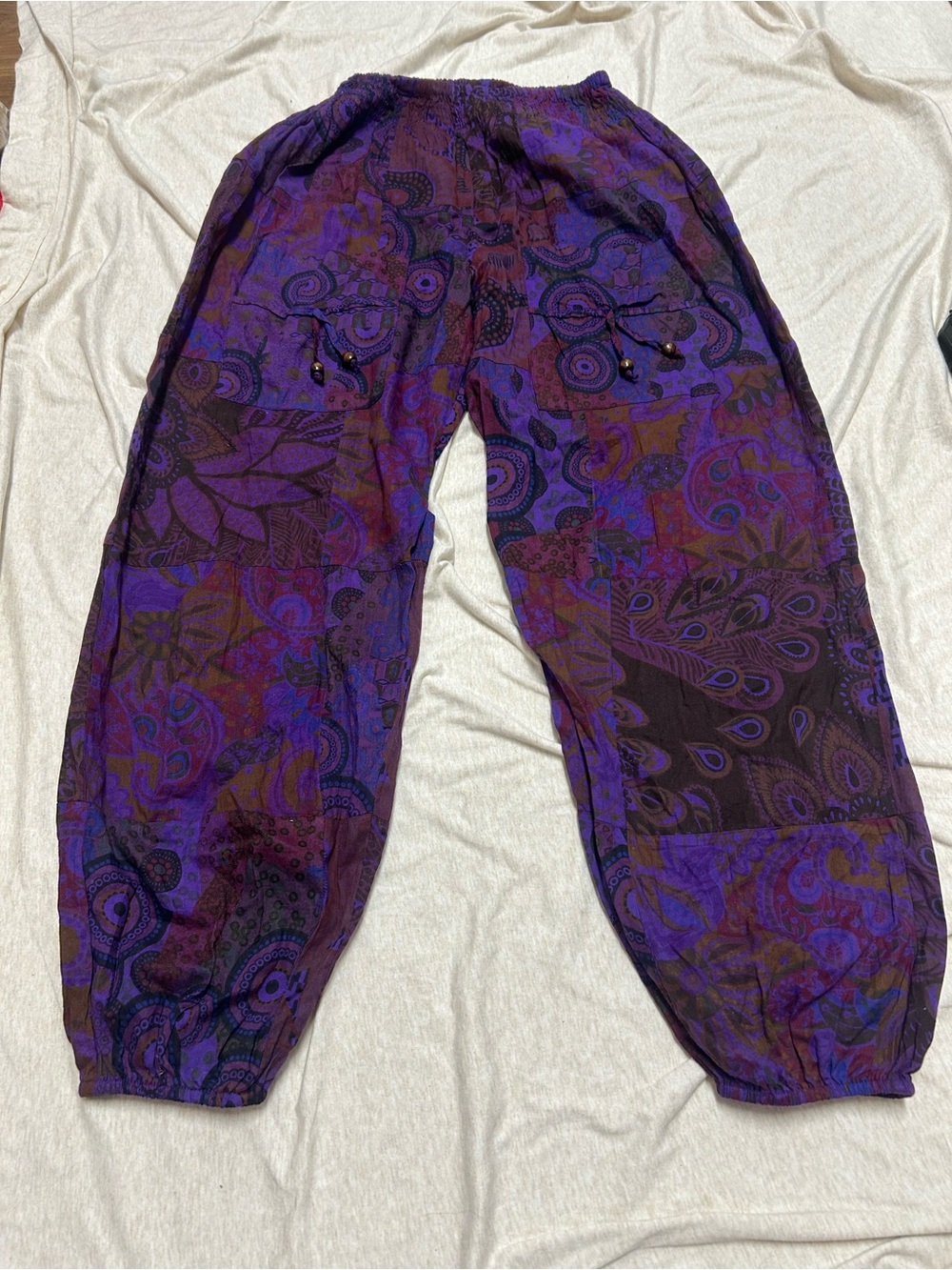 Earthbound Patchwork Jogger Pants Smocked Waist Pockets Lightweight Cotton Boho